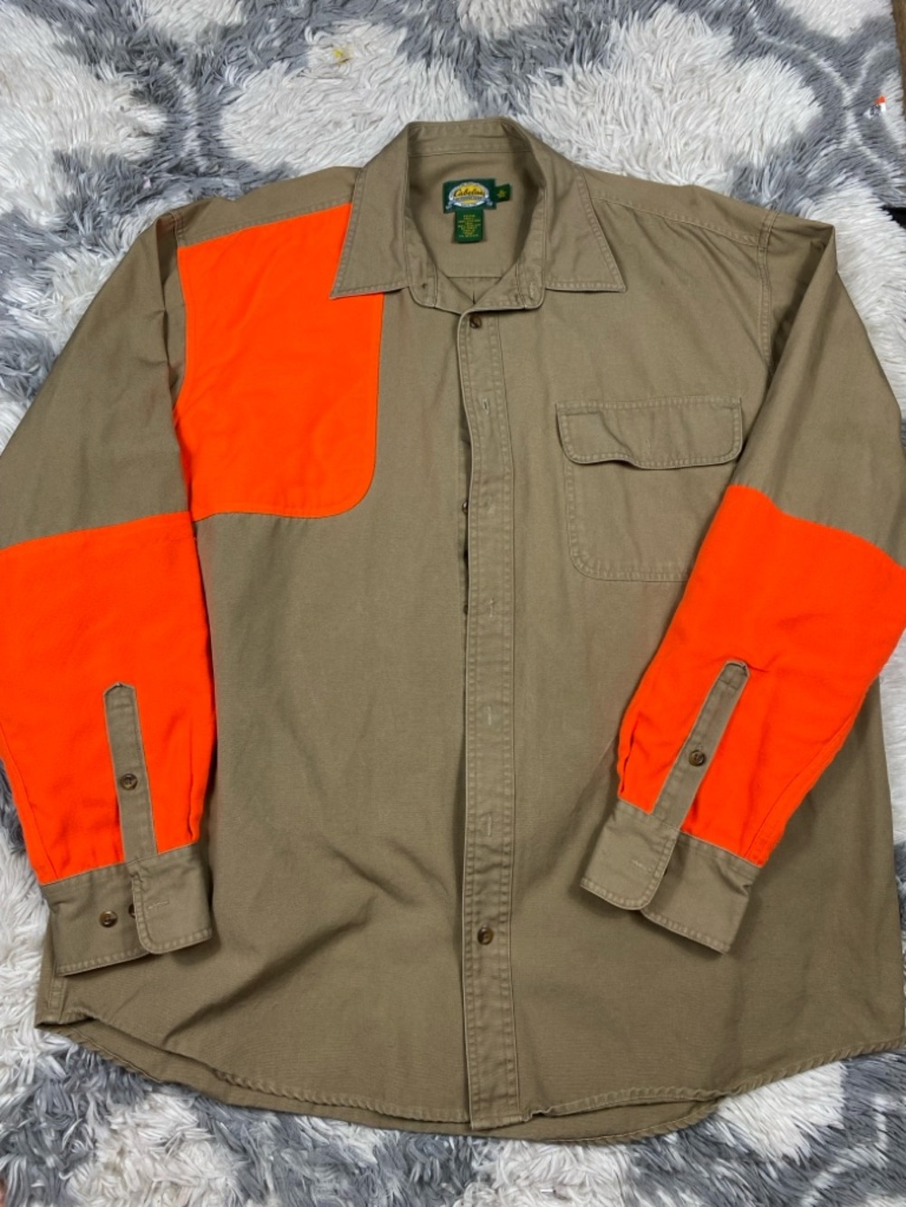 Cabela's Shooting Shirt Mens XL Tan Orange Blaze Upland Hunting Patches